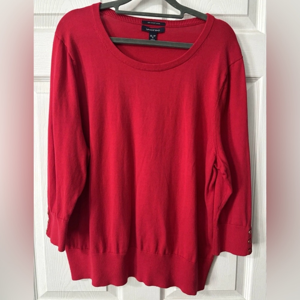 Lands' End Women's Red Supima Cotton Round Neck Sweater Size XL 3/4 Sleeves